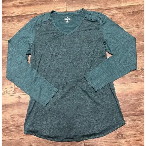 Segments Merino Wool V Neck Long Sleeve Base Layer Top Women L Teal Green Hiking - Picture 4 of 10